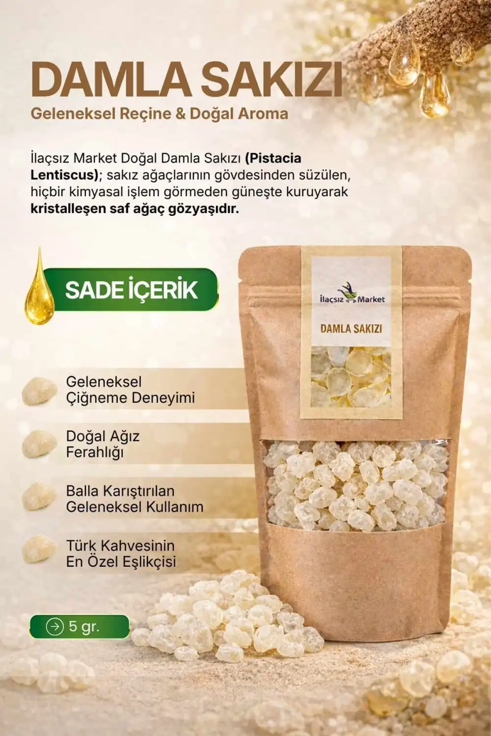 DAMLA SAKIZI (Pistacia lentiscus) – %100 Doğal Reçine - 5 gram
