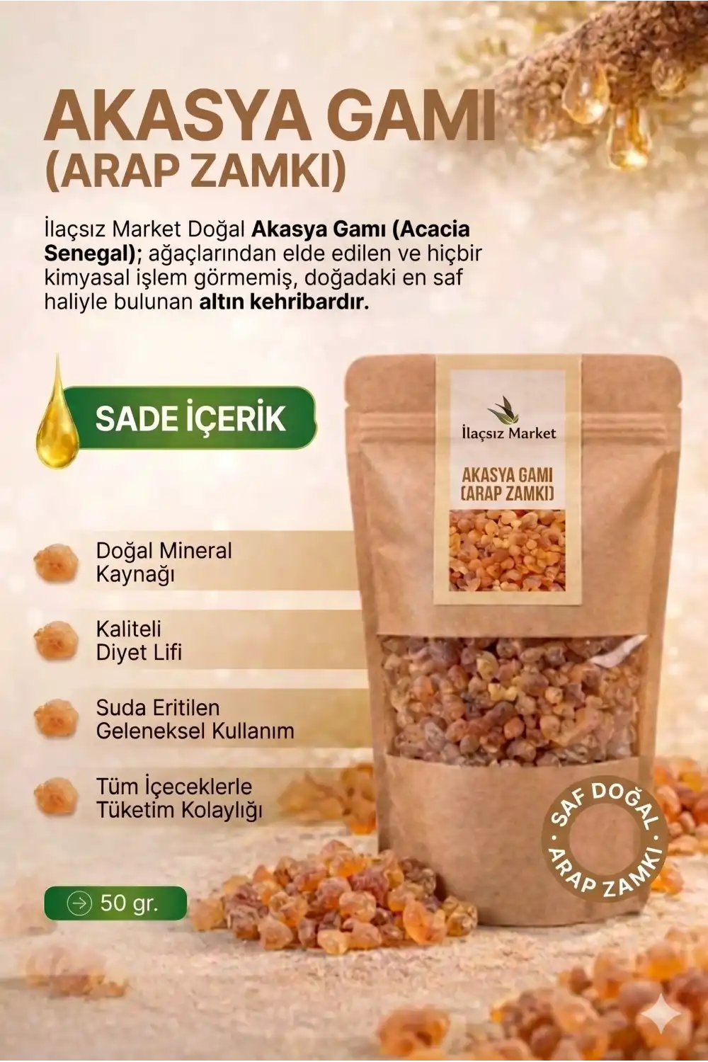 Akasya Gamı (Arap Zamkı) Tane - %100 Doğal Reçine / 50 Gram
