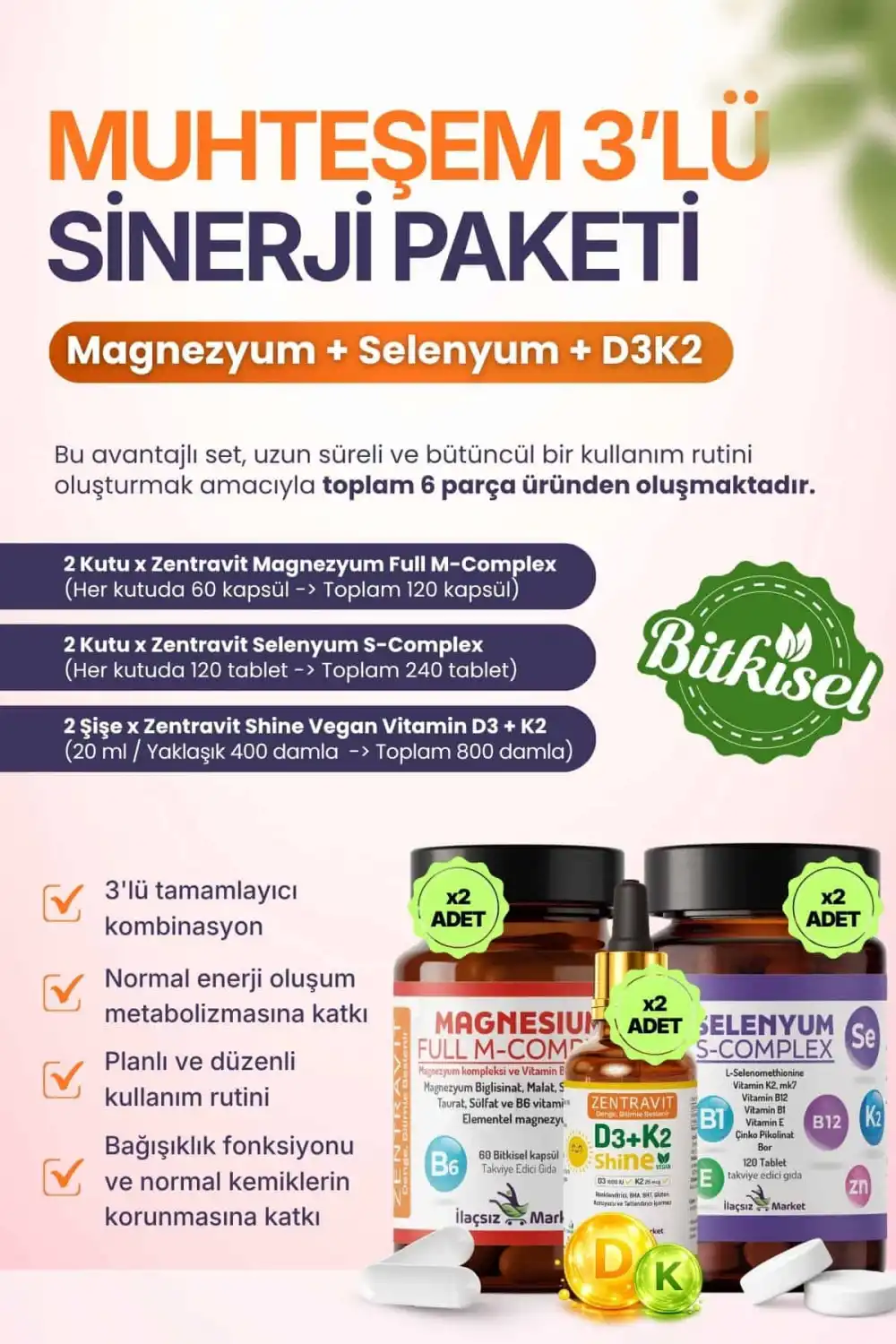 3lü Sinerji Paketi: Magnezyum M-Complex + Selenyum S-Complex + Vegan D3K2