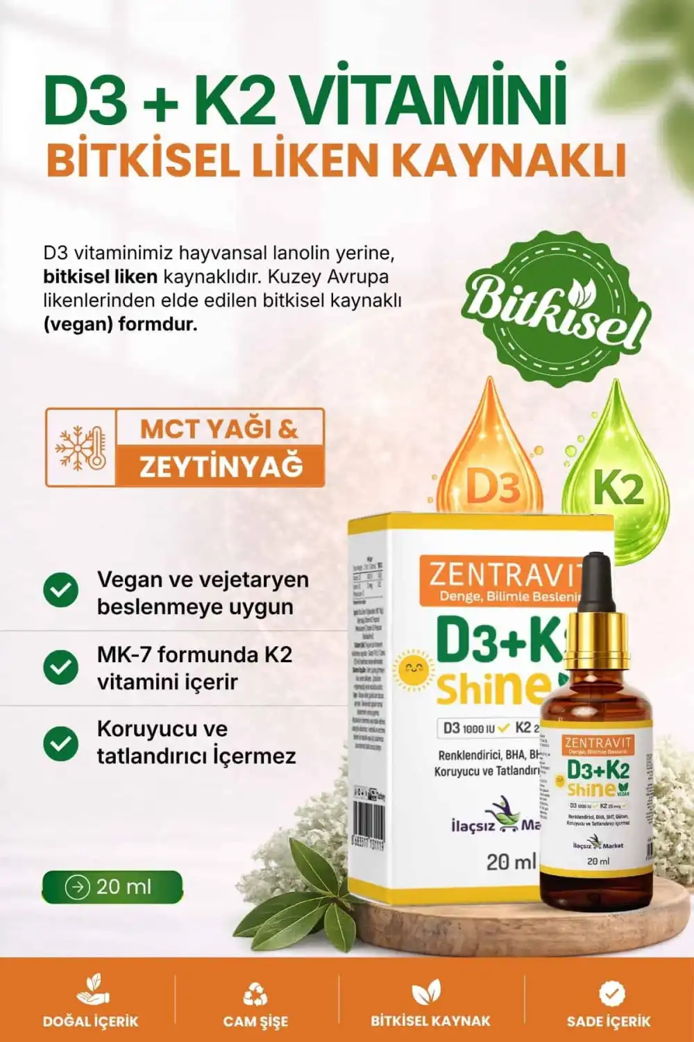 D3+K2 Vegan (Liken Kaynaklı) – %100 Bitkisel / 20 ml 1 ALANA 1 BEDAVA
