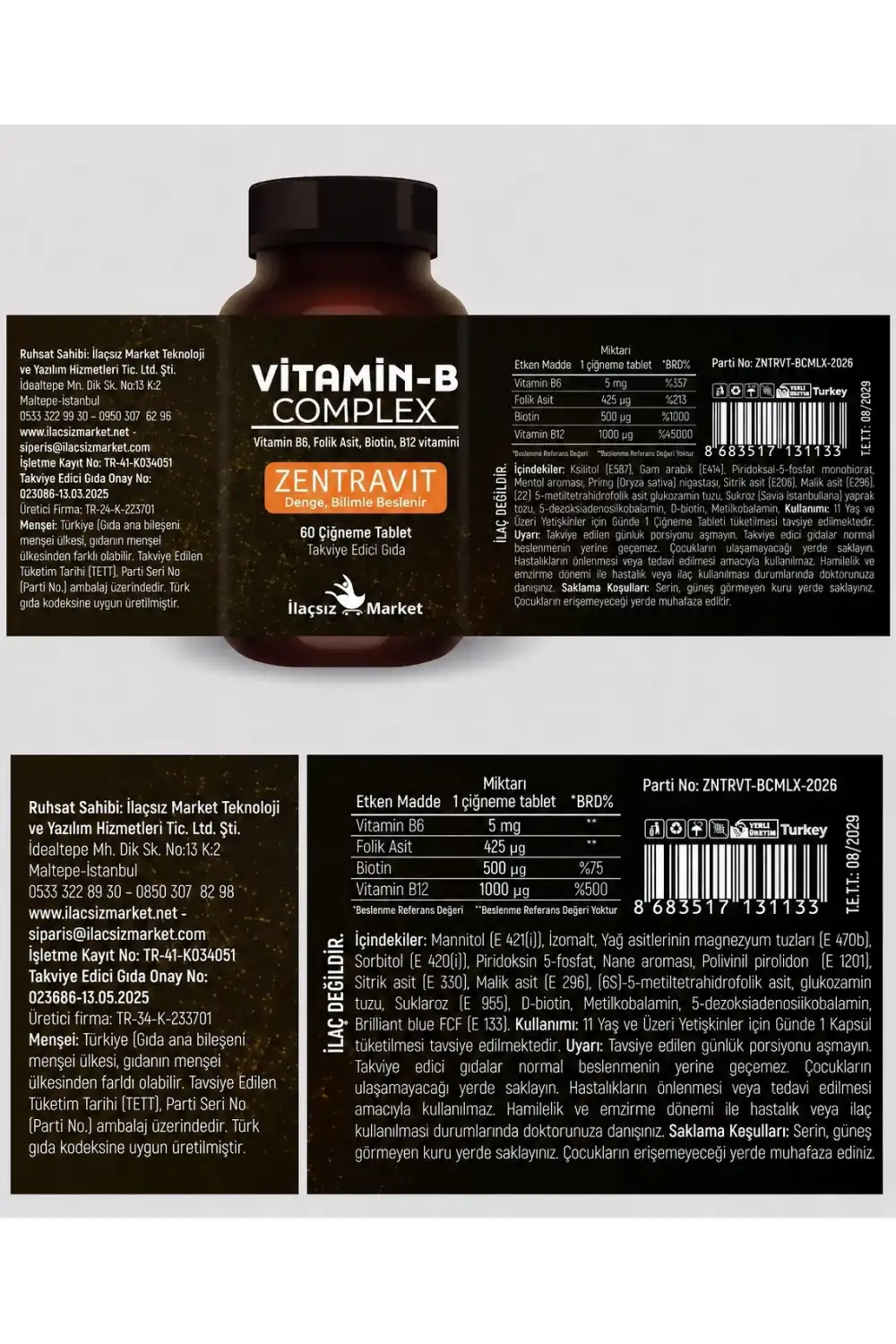 B COMPLEX VİTAMİN (Aktif B12 + Metilfolat + P5P + Biotin + B5) / 60 Çiğneme Tableti 1 ALANA 1 BEDAVA