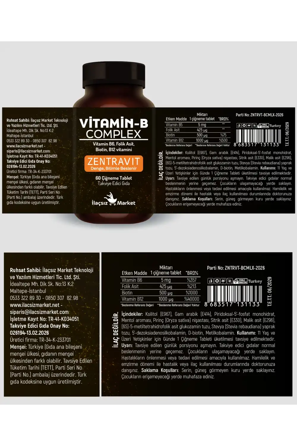 B COMPLEX VİTAMİN (Aktif B12 + Metilfolat + P5P + Biotin + B5) / 60 Çiğneme Tableti %50 İNDİRİM
