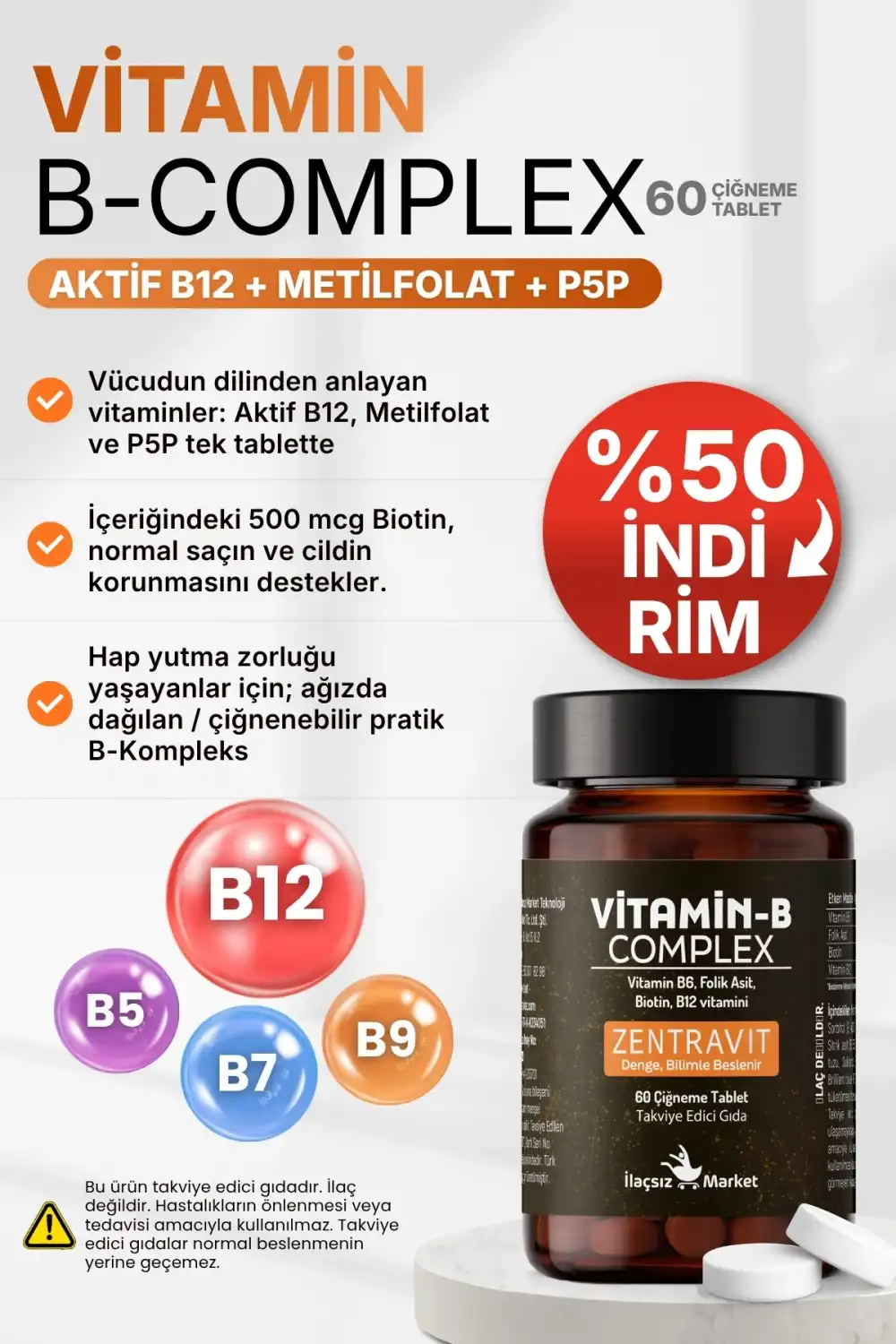 B COMPLEX VİTAMİN (Aktif B12 + Metilfolat + P5P + Biotin + B5) / 60 Çiğneme Tableti %50 İNDİRİM