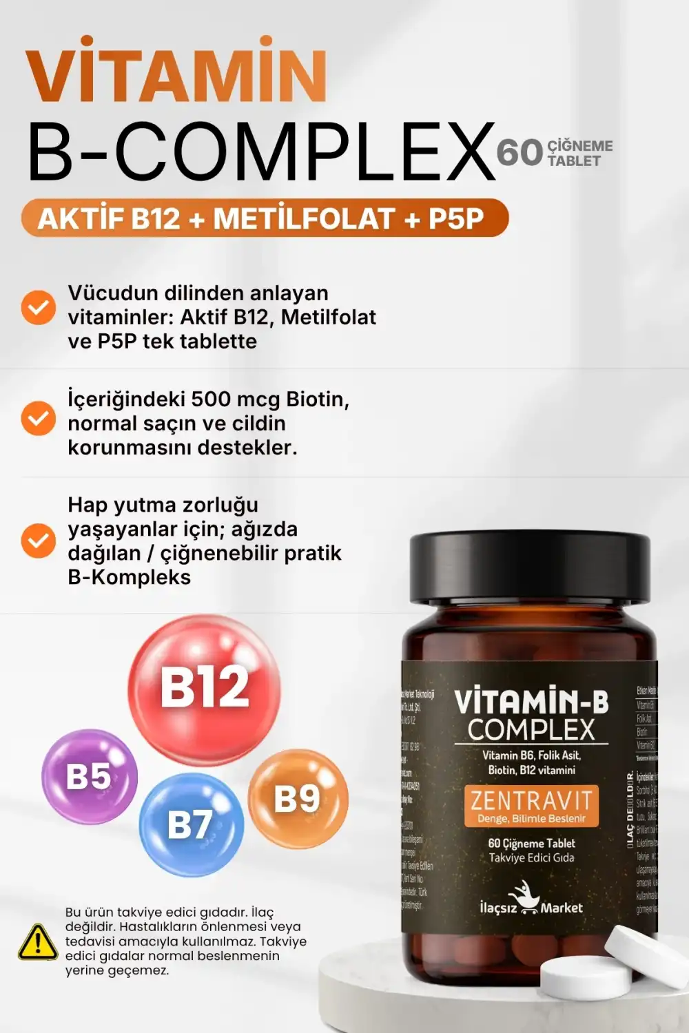 B COMPLEX VİTAMİN (Aktif B12 + Metilfolat + P5P + Biotin + B5) / 60 Çiğneme Tableti %50 İNDİRİM
