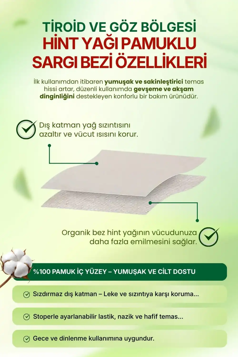 Boyun ve Göz Çevresi Hint Yağı Uygulama Bezi – Ayarlanabilir Stoperli & %100 Pamuk