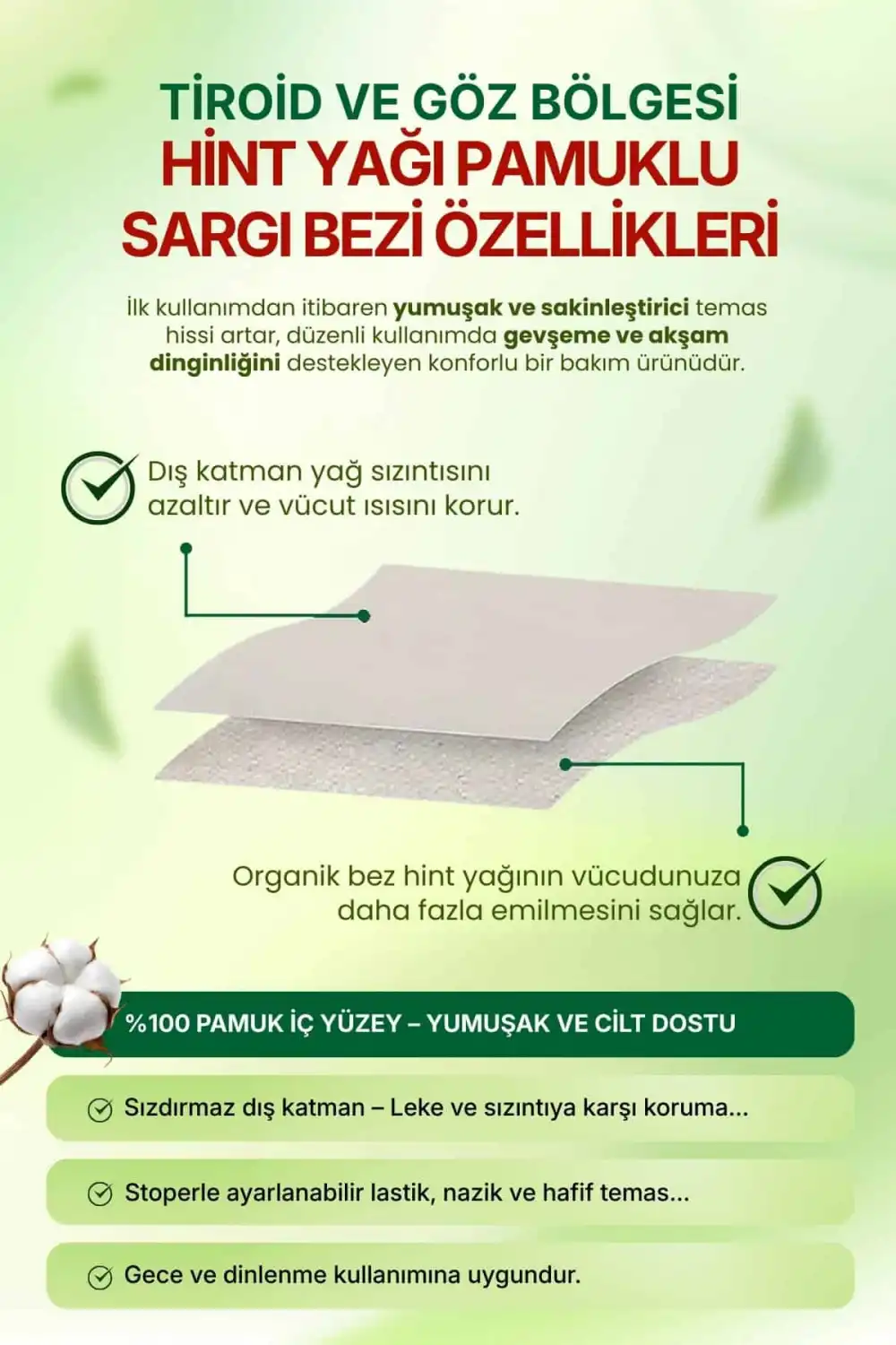 Boyun ve Göz Çevresi Hint Yağı Uygulama Bezi – Ayarlanabilir Stoperli & %100 Pamuk