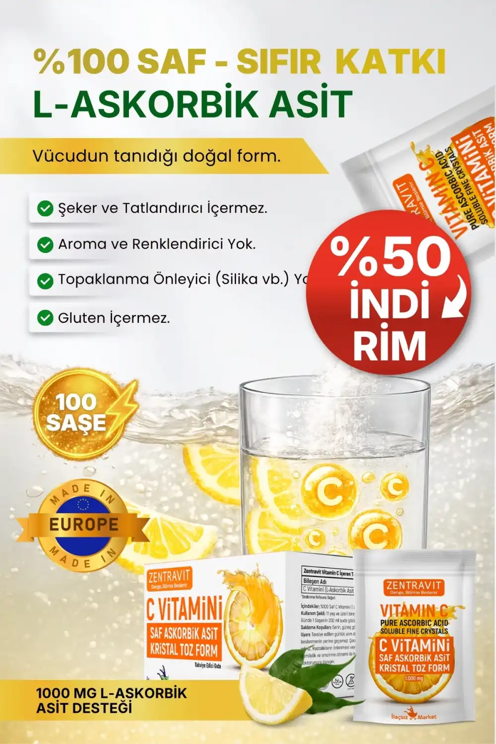 C Vitamini %100 Saf Askorbik Asit (L-Askorbik Asit) Saşe Form %50 İNDİRİM
