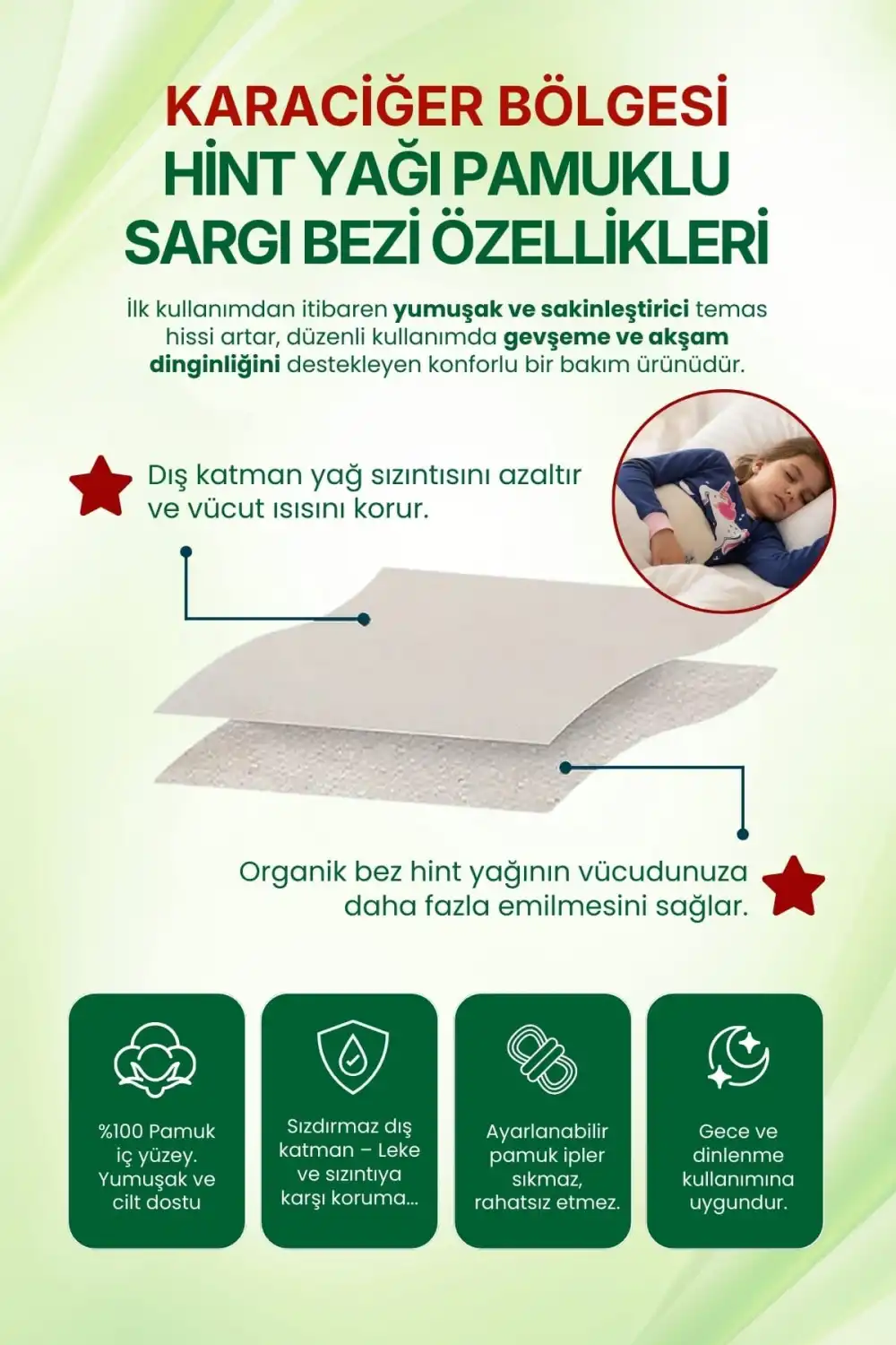 Çocuk Hint Yağı Uygulama Bezi - Karaciğer Bölgesi Sargısı (Doğal & Pamuklu) – %100 Pamuk & Sızdırmaz