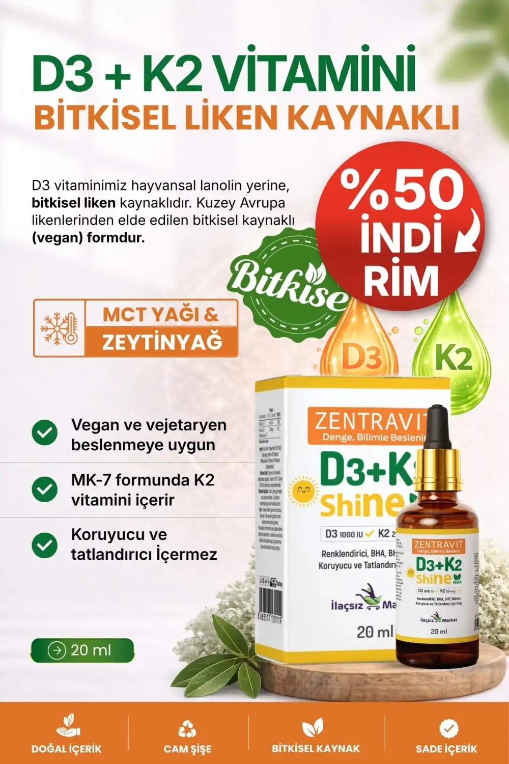 Zentravit Vegan D3+K2 (Liken Kaynaklı) / 20 ml %50 İNDİRİM
