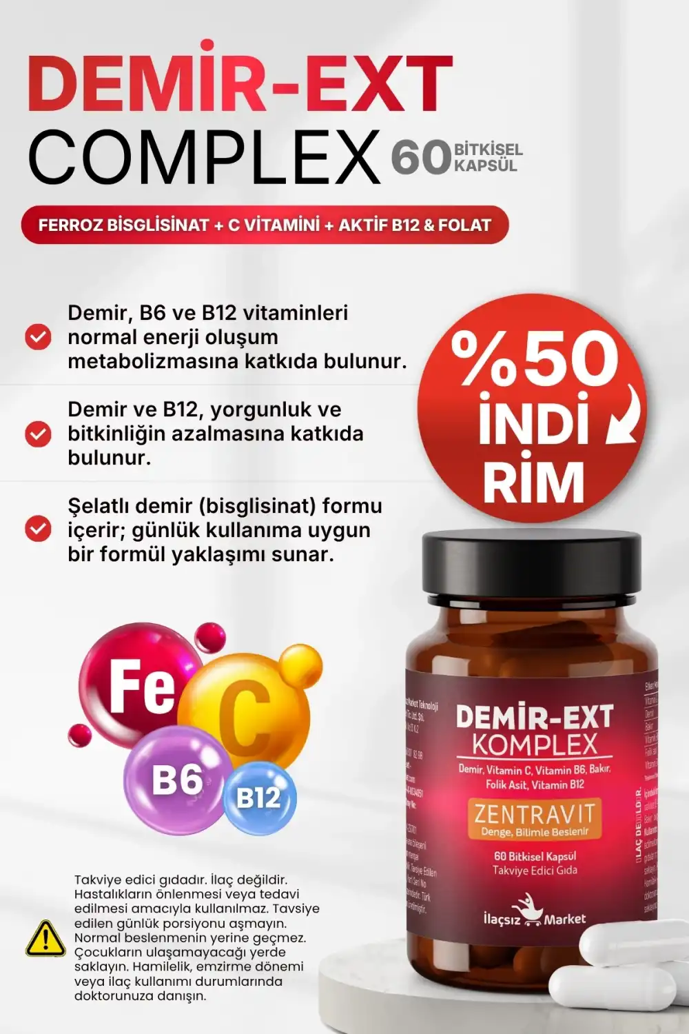 DEMİR-EXT KOMPLEX (Ferroz Bisglisinat) 60 Bitkisel Kapsül %50 İNDİRİM