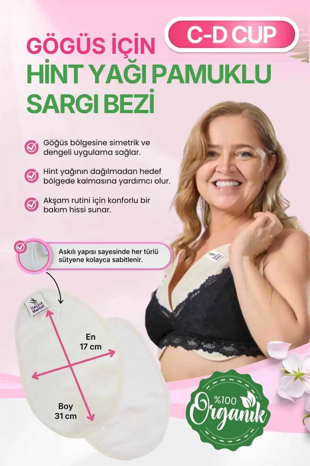 Hint Yağı Göğüs Uygulama Bezi (Castor Oil Pack) – %100 Organik & Sızdırmaz C-D CUP