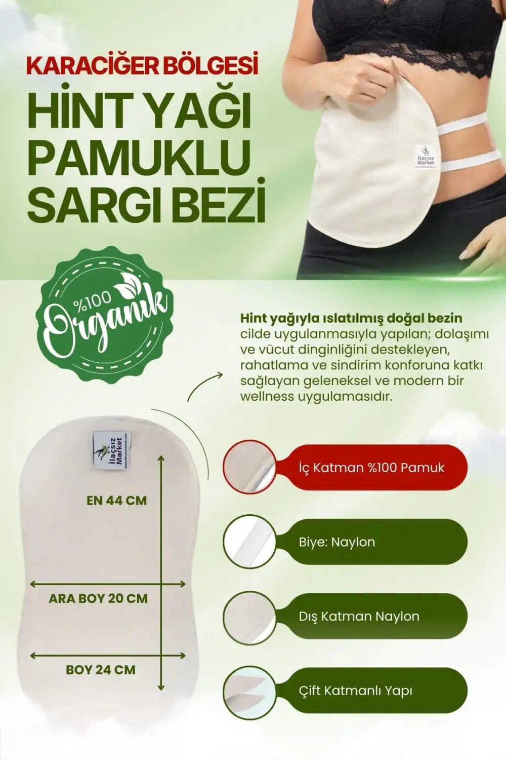 Sağ Kaburga Altı (Sağ Üst Karın) Hint Yağı Uygulama Bezi – %100 Pamuk & Sızdırmaz