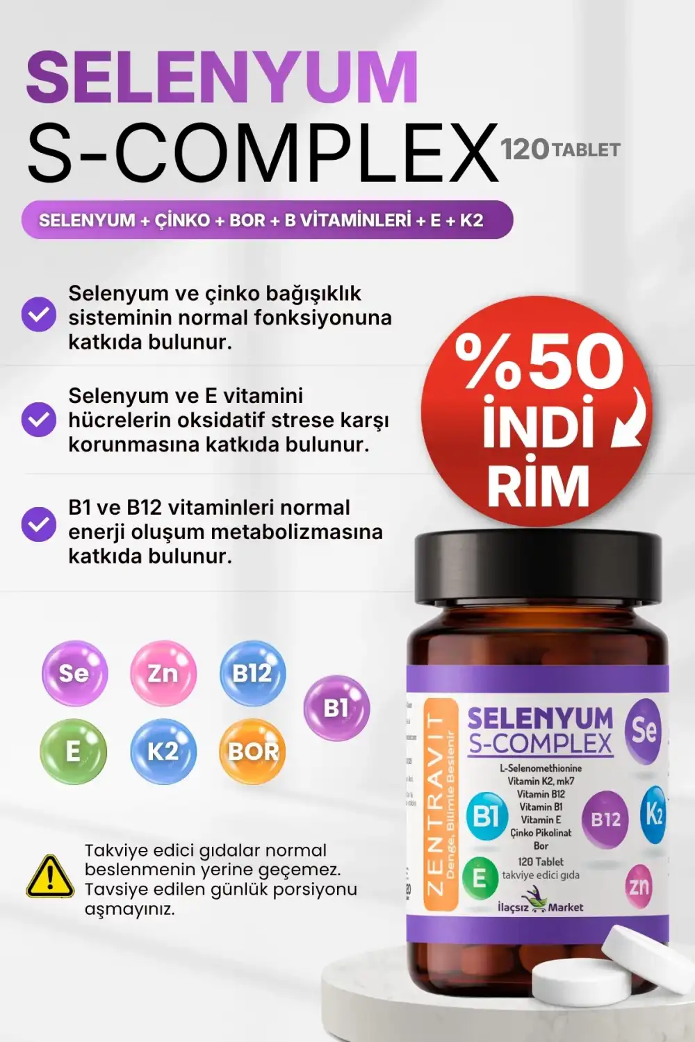 Selenyum S-Complex Takviyesi / 120 Tablet Zentravit %50 İNDİRİM