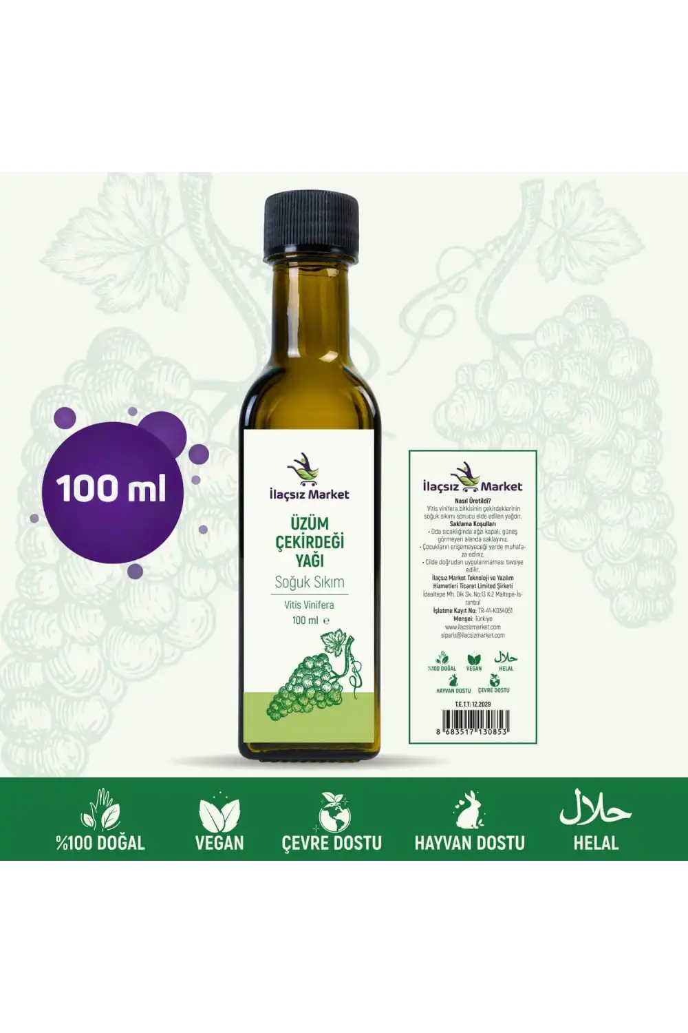 Üzüm Çekirdeği Yağı (Grape Seed) / 100 ml Soğuk Sıkım - Vitis Vinifera