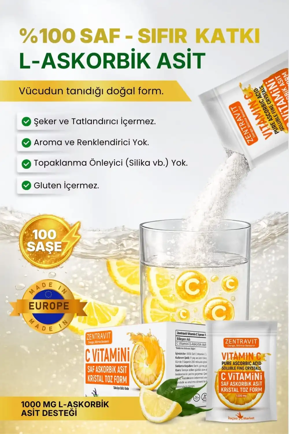 Zentravit %100 Saf C Vitamini (L-Askorbik Asit) Saşe Form 1 Alana 1 Bedava