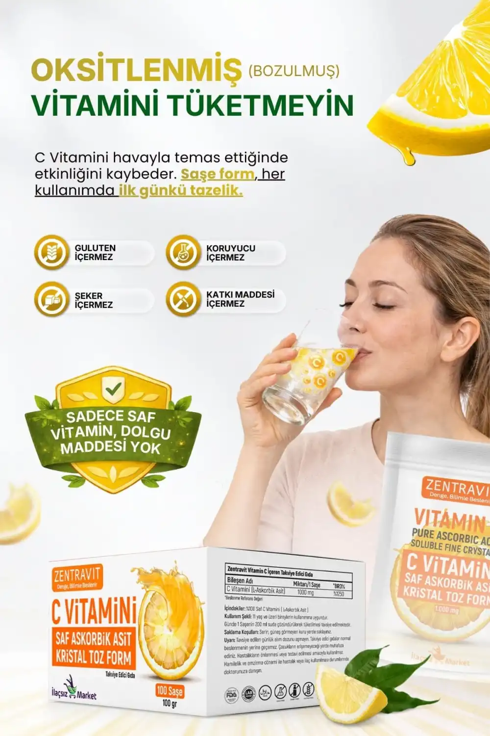 Zentravit %100 Saf C Vitamini (L-Askorbik Asit) Saşe Form 1 Alana 1 Bedava