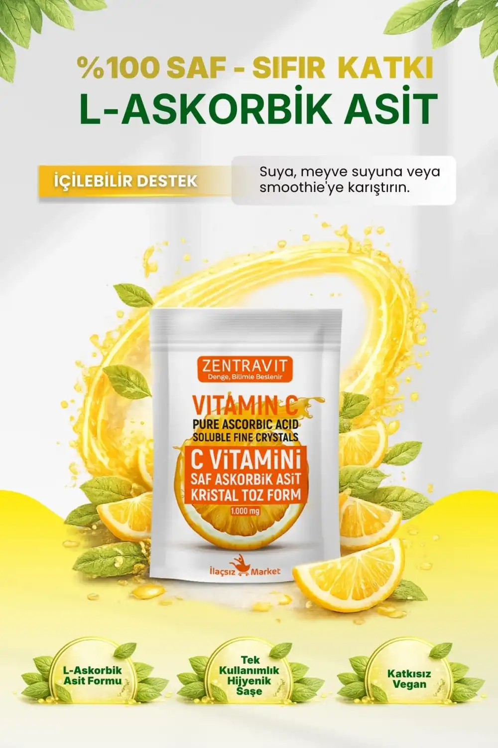 Zentravit %100 Saf C Vitamini (L-Askorbik Asit) Saşe Form 1 Alana 1 Bedava