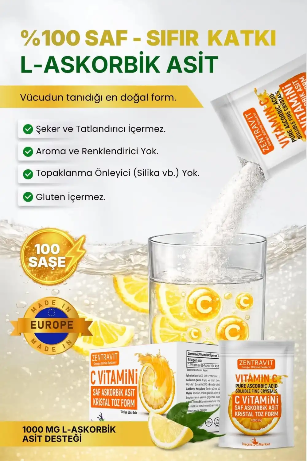 Zentravit %100 Saf C Vitamini (L-Askorbik Asit) Saşe Form 1 Alana 1 Bedava