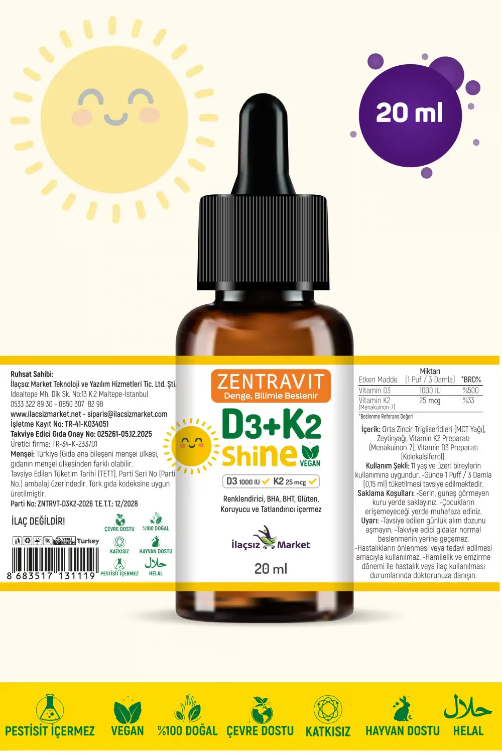 Zentravit Shine Vegan Vitamin D3 + K2 (Liken Kaynaklı) 20 ml