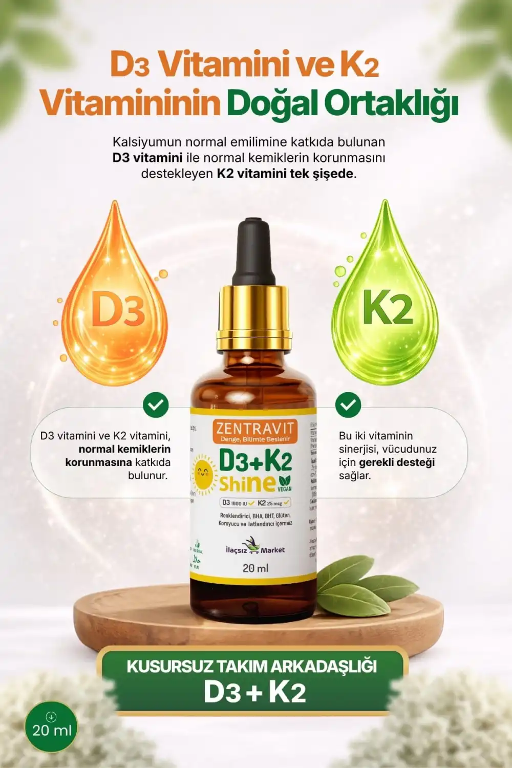 Zentravit Shine Vegan Vitamin D3 + K2 (Liken Kaynaklı) 20 ml