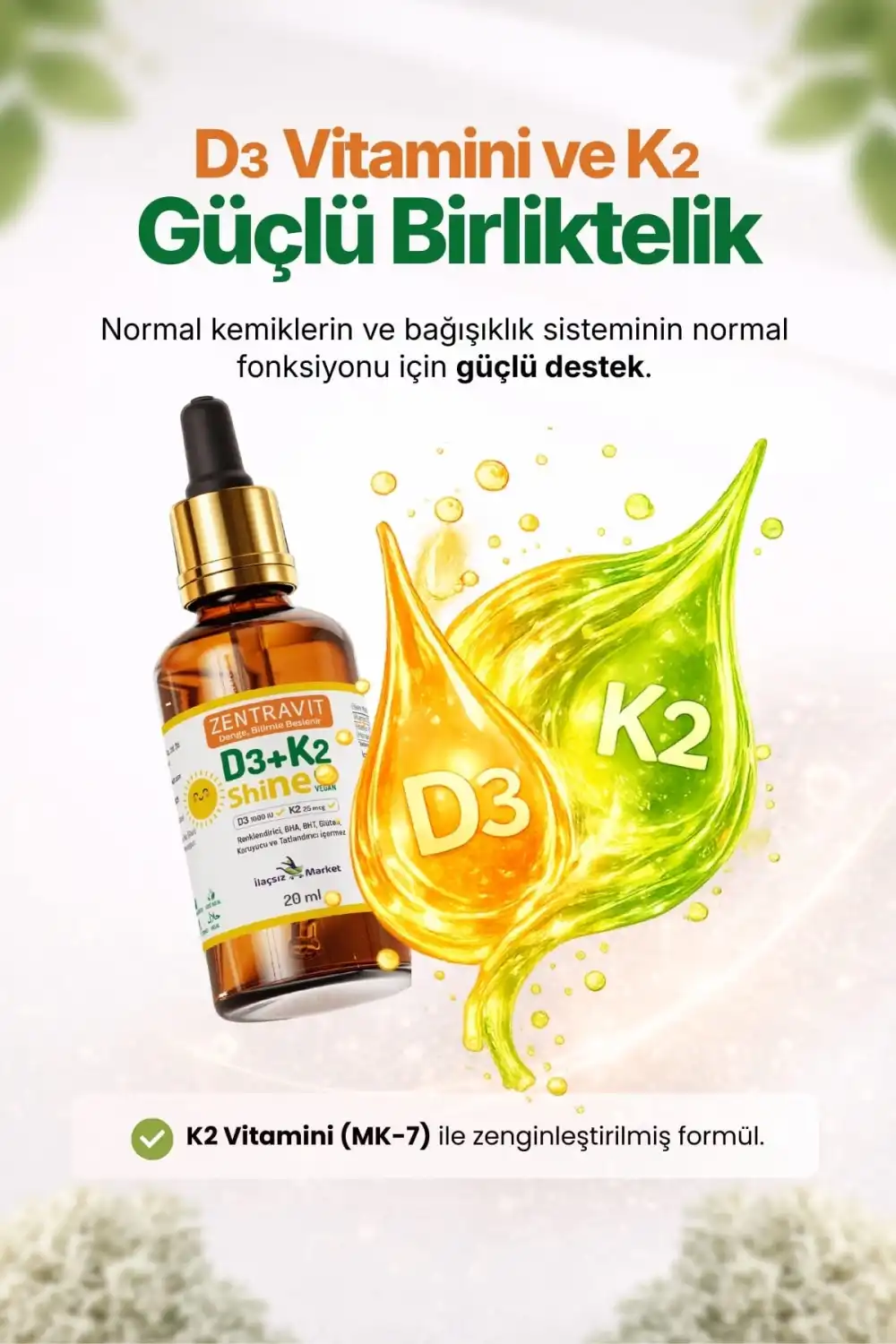 Zentravit Shine Vegan Vitamin D3 + K2 (Liken Kaynaklı) 20 ml