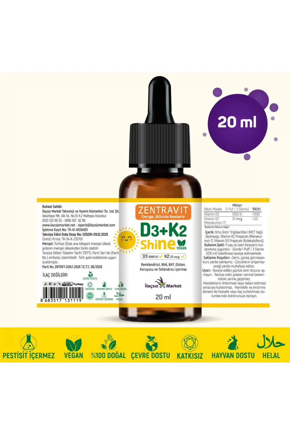 Zentravit Shine Vegan Vitamin D3 + K2 (Liken Kaynaklı) 20 ml