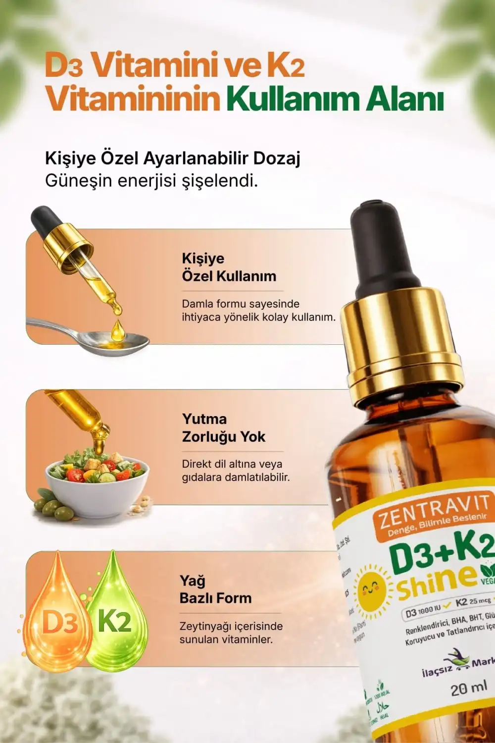 Zentravit Shine Vegan Vitamin D3 + K2 (Liken Kaynaklı) 20 ml