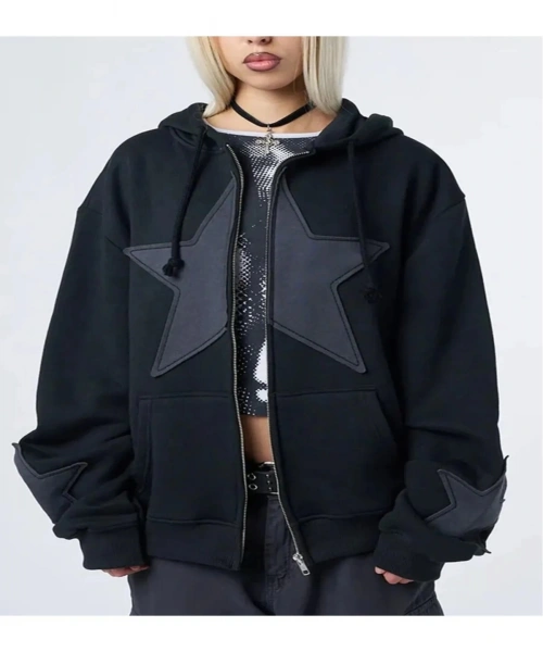Limited Edition Y2k Yıldız Desenli Yama Detaylı Unisex Oversize Siyah Hırka Sweatshirt