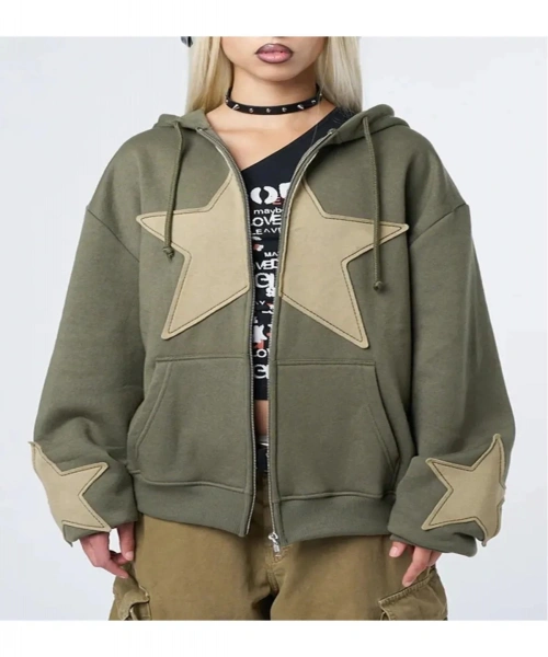 Limited Edition Y2k Yıldız Desenli Yama Detaylı Unisex Oversize Haki Hırka Sweatshirt