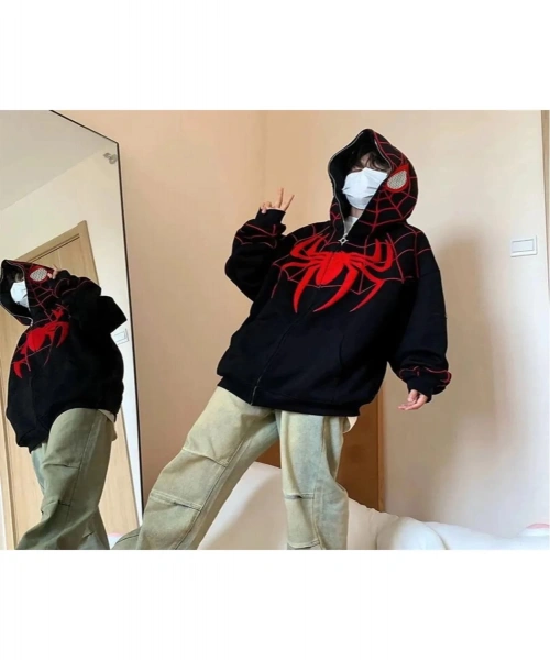 Siyah Spider-man Goth Desenli Fermuarlı Unisex Oversize Kapüşonlu Sweatshirt
