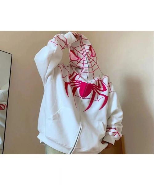 Beyaz Spider-man Goth Desenli Fermuarlı Unisex Oversize Kapüşonlu Sweatshirt