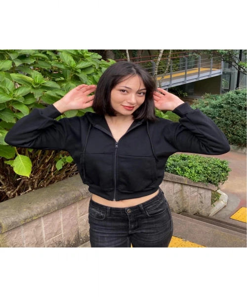 Siyah Crop Top Kalın Kumaş 3 İplik Şardonlu Fermuarlı Unisex Kapüşonlu Sweatshirt