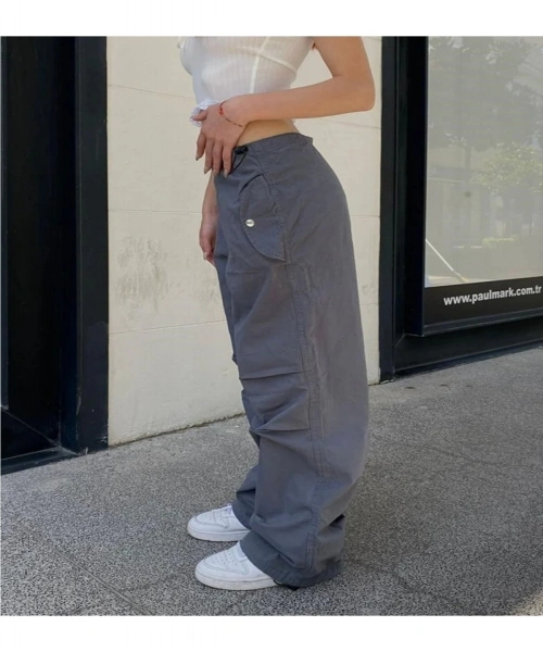 Unisex Füme Tactical Baggy Paraşüt Kumaş Ayarlanabilir Bel ve Paçalı Bol Pantolon