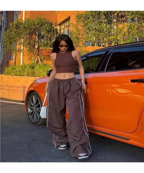 Harajuku Çift Çizgili Brown Tracksuit Zip Detail Kahverengi Unisex Oversize Paraşüt Eşofman Altı