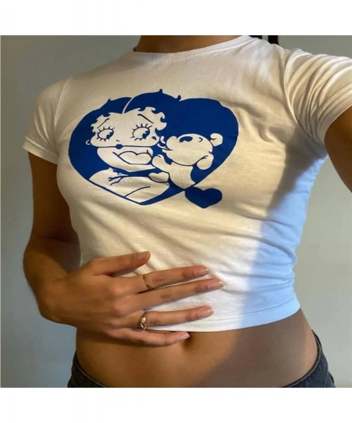 Beyaz Betty Boop Baskı Detaylı Kadın Crop Body