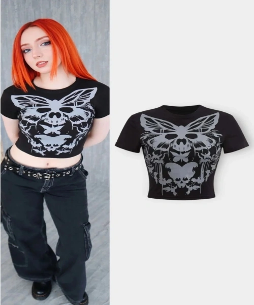 Black Butterfly And Skull Siyah Kelebek Baskılı Desenli Crop Top Body Yarım Kadın T-shirt Bluz