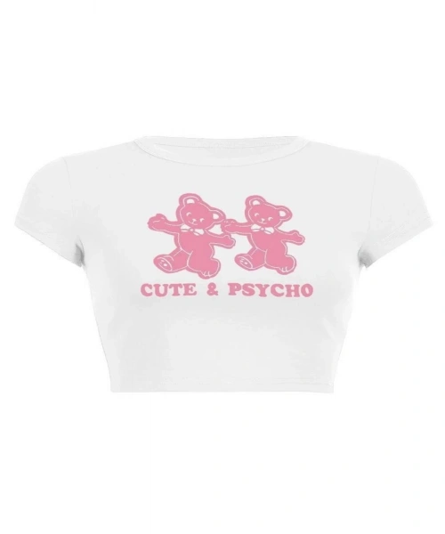 Pembe Cute & Psycho Desen Baskıı Beyaz Crop Top