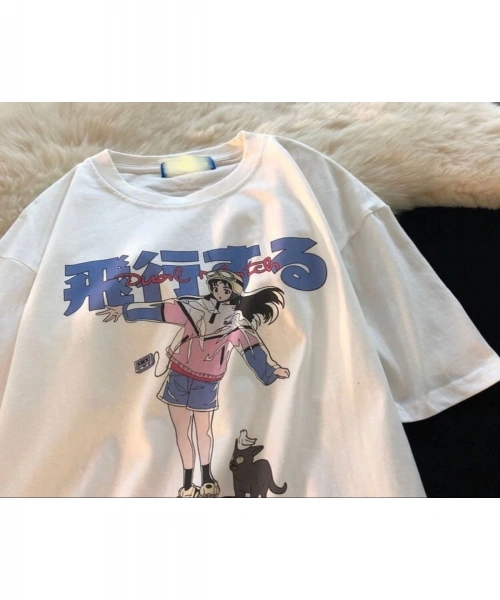 Beyaz Harajuku Style Anime Model Desen Baskılı Unisex Oversize T-shirt