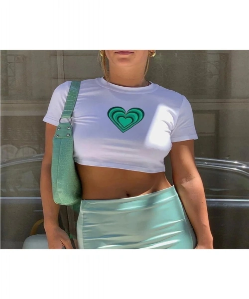 Beyaz Vintage Green Heart Desen Baskılı Yarım Unisex Crop Top