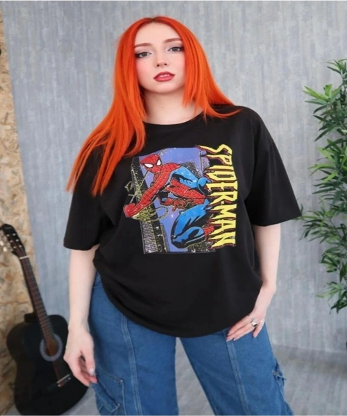Siyah Unisex Oversize örümcek adam Peter Parker Baskılı Tişört