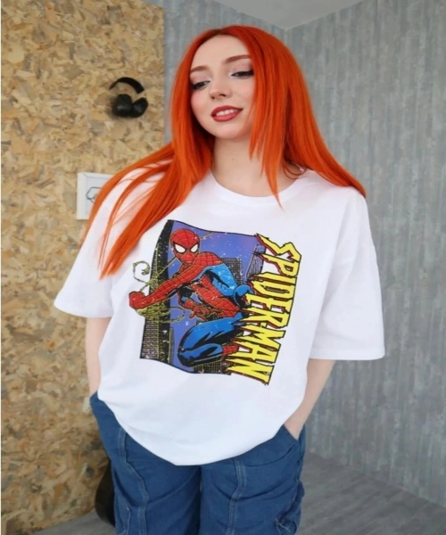 Beyaz Unisex Oversize örümcek adam Peter Parker Baskılı Tişört