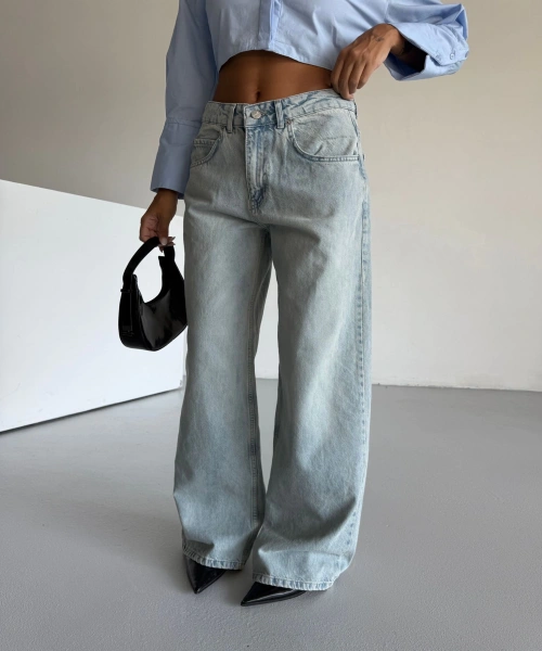 Açık Mavi Yüksek Bel Wide Leg Jean Pantolon