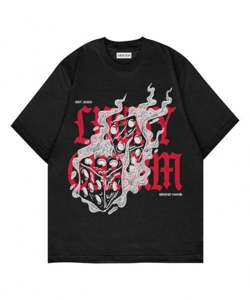 Alevli Zar Baskılı Siyah Renk Oversize T-Shirt