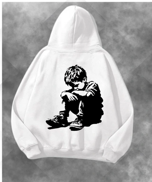 Sad Boy Siluet Baskılı Unisex Oversize Kapüşonlu Sweatshirt