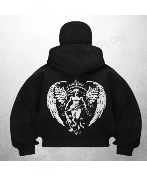 Angels Baskılı Siyah Samuray Kar Maske Sweatshirt Hırka