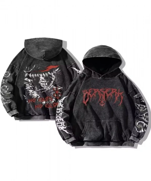 Anime Berserk No Guts No Glory Yıkamalı Kumaş Kapüşonlu Sweatshirt