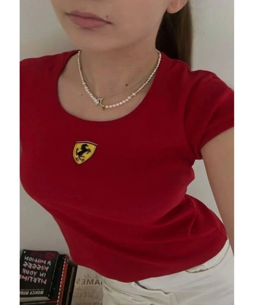 Baskılı Kırmızı Crop Bluz