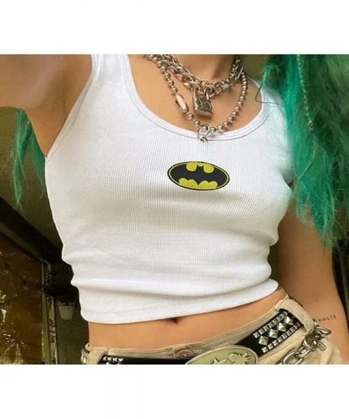 Batman Nakışlı Kolsuz Halter Yaka Beyaz Atlet Crop
