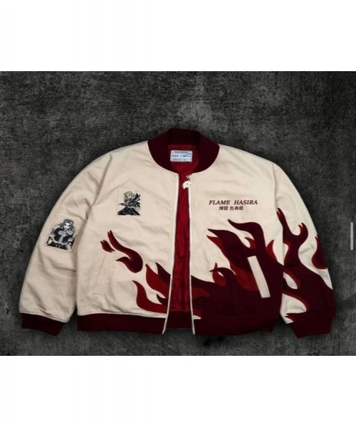 Bej Anime Flame Hashira Kyojuro Rengoku Unisex Bomber Ceket