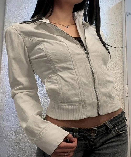 Beyaz Beli Lastikli Street Y2K Crop Hırka